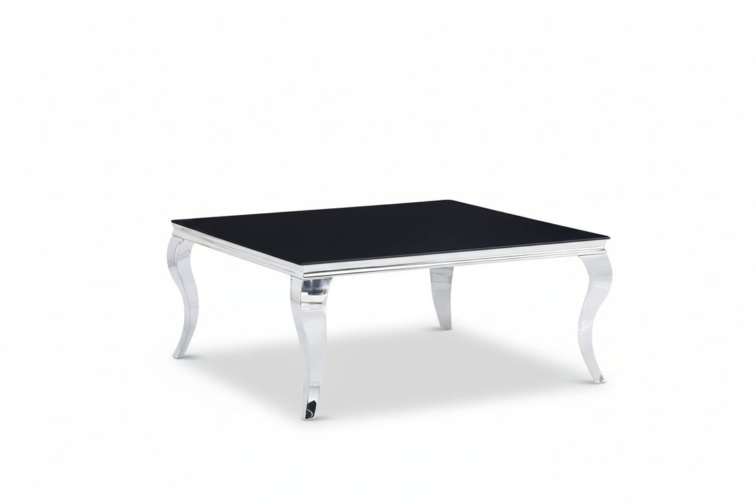 Table basse carrée chrome et verre marbre noir 100x100x45 cm BAROQUE
