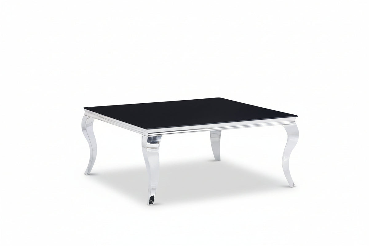 Table basse carrée chrome et verre marbre noir 100x100x45 cm BAROQUE