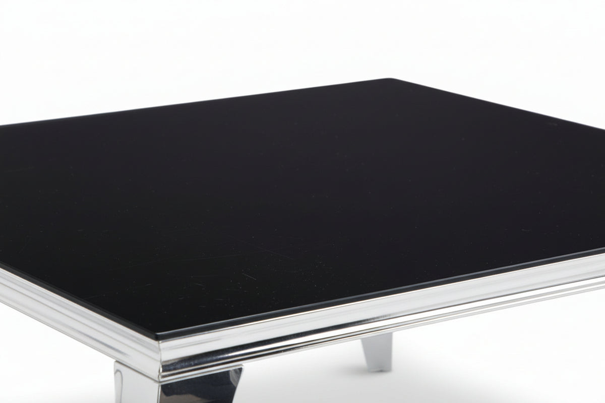 Table basse carrée chrome et verre marbre noir 100x100x45 cm BAROQUE