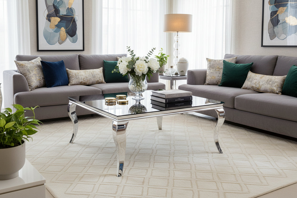 Table Basse Carrée Chrome Verre Noir 100x100x45 cm BAROQUE