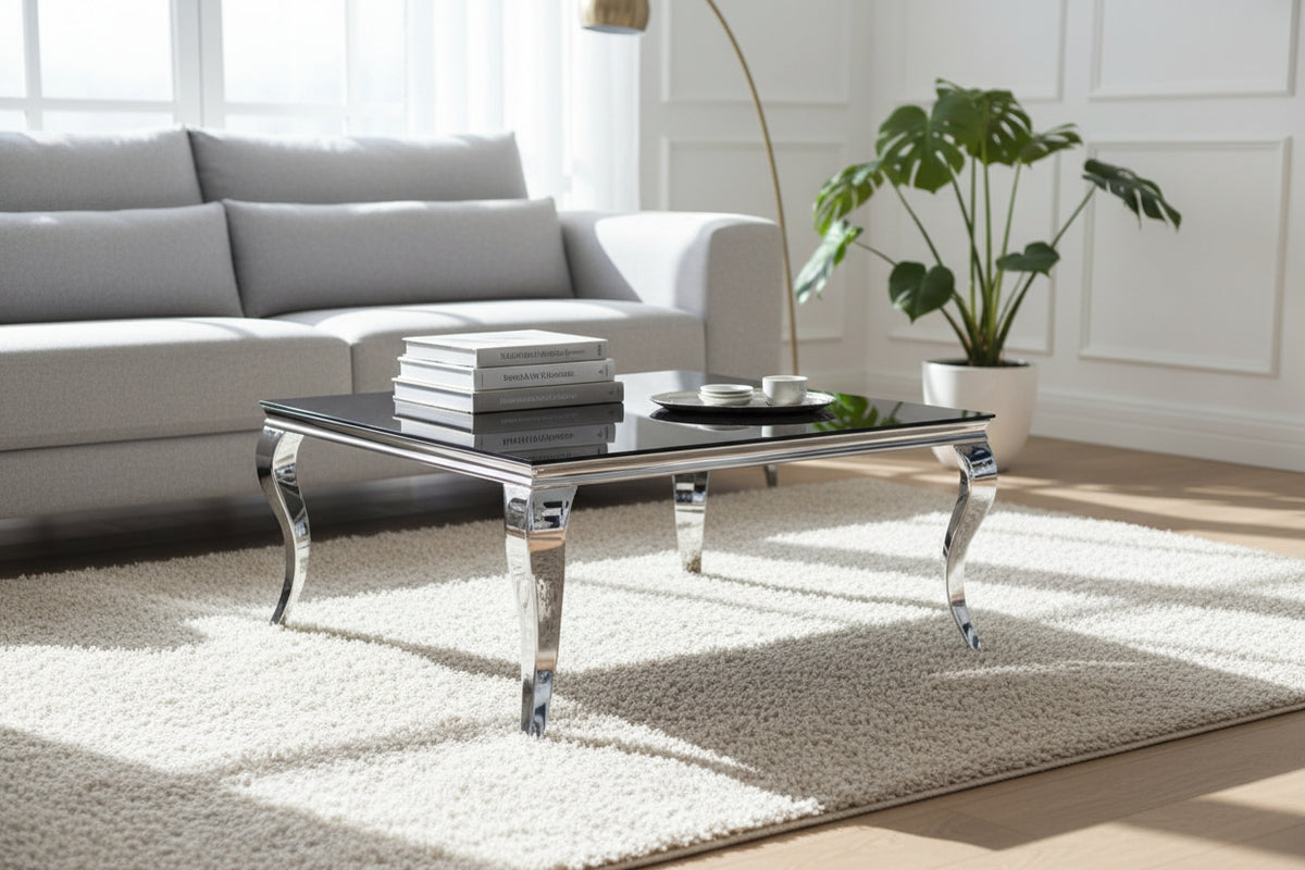Table basse carrée chrome et verre marbre noir 100x100x45 cm BAROQUE