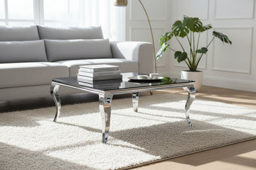 Table basse carrée chrome et verre marbre noir 100x100x45 cm BAROQUE