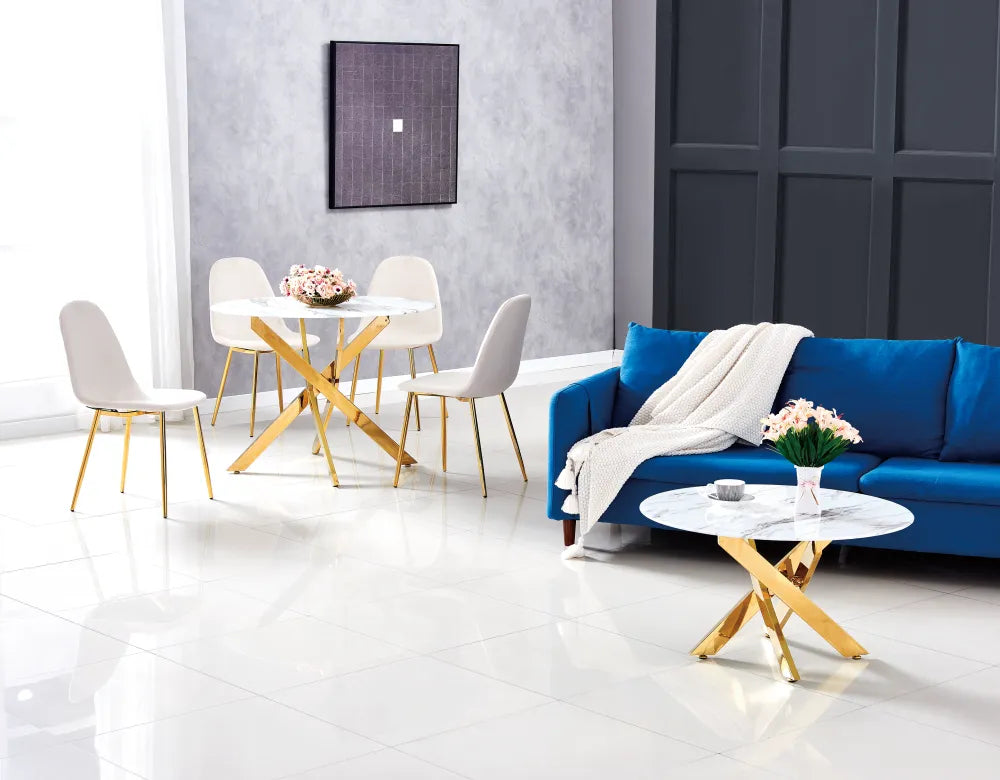 Table a manger ronde JESSICA Gold XXL 120 cm 4 couverts #couleur_marbré-blanc