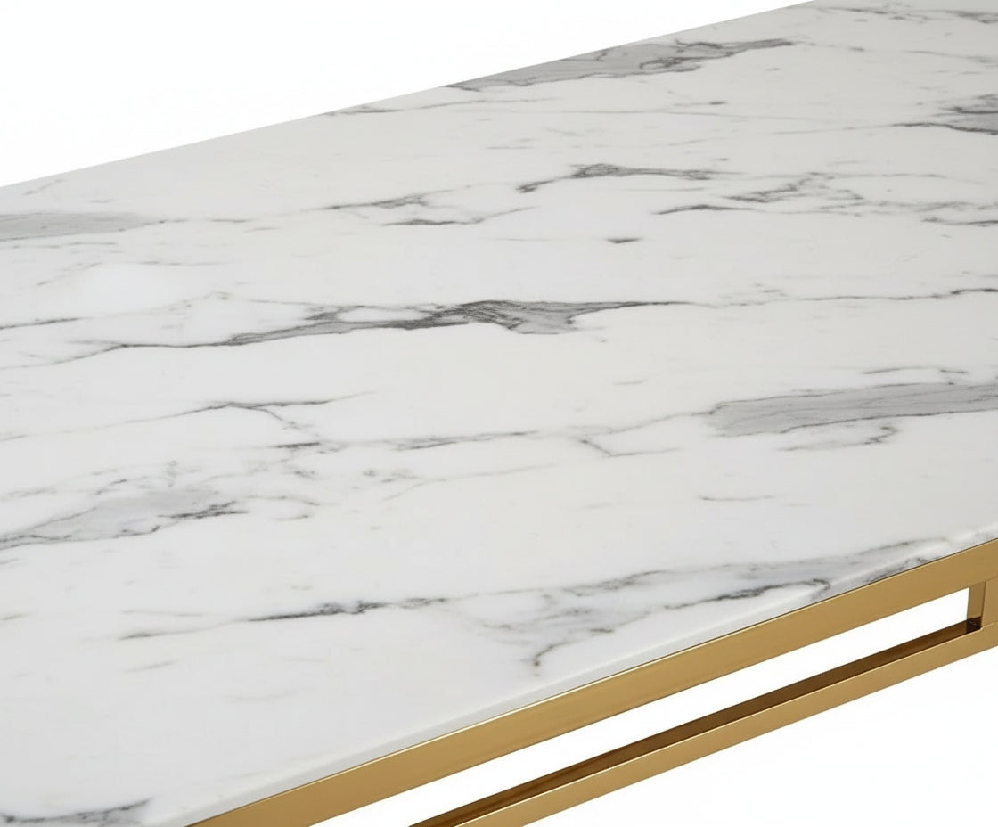 Table à manger Rectangulaire Gold Plateau effet Marbré Blanc – 150x90x75 cm – FLUTE