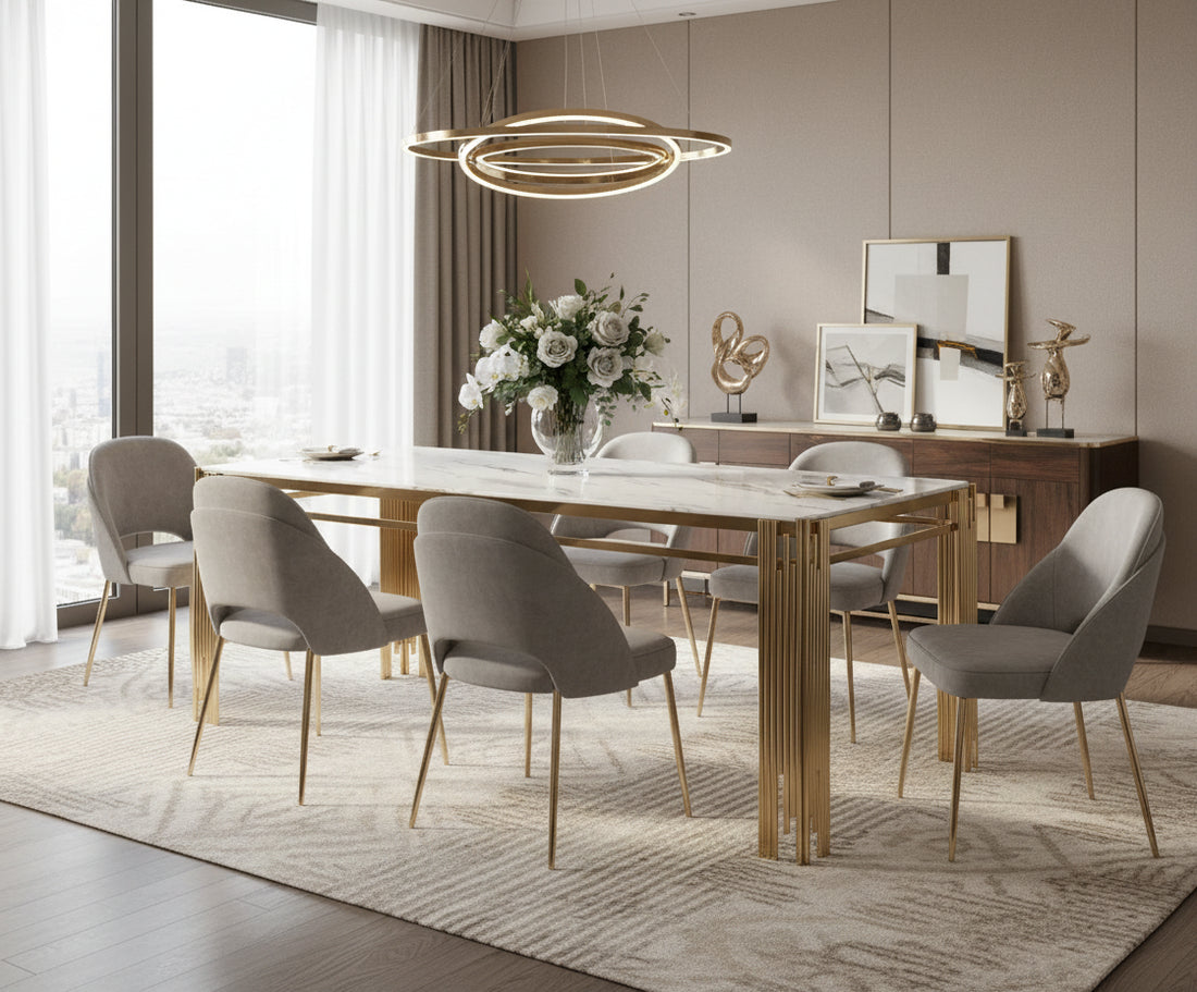 Table à manger FLUTE Gold Plateau en verre #couleur_marbré-blanc