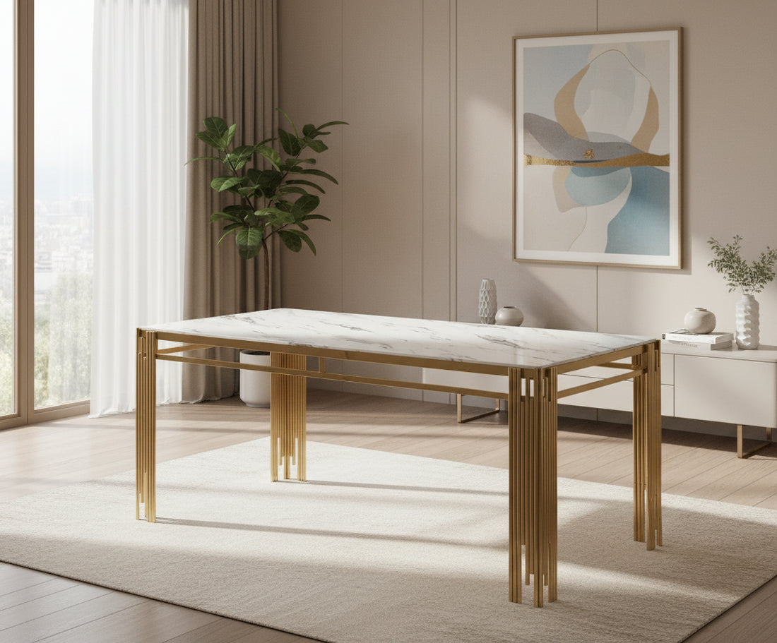 Table à manger FLUTE Gold Plateau en verre #couleur_marbré-blanc