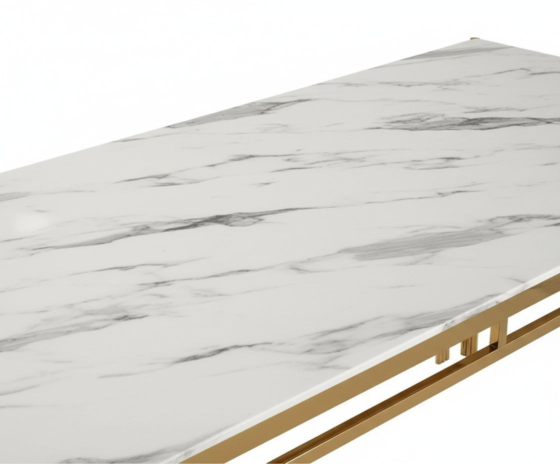 Table à manger Rectangulaire Gold Plateau Effet Marbre Blanc 180x90x75 cm - FLUTE