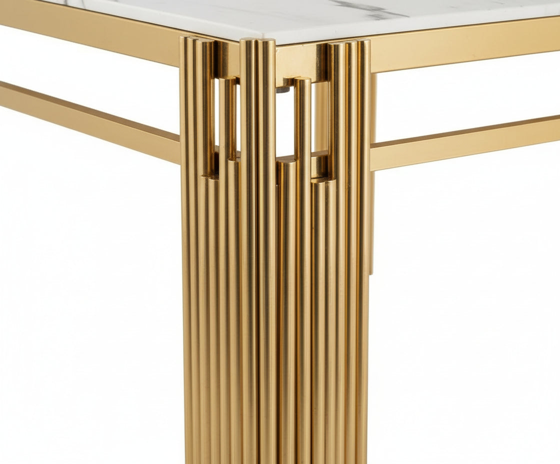 Table à manger Rectangulaire Gold Plateau effet Marbré Blanc – 150x90x75 cm – FLUTE
