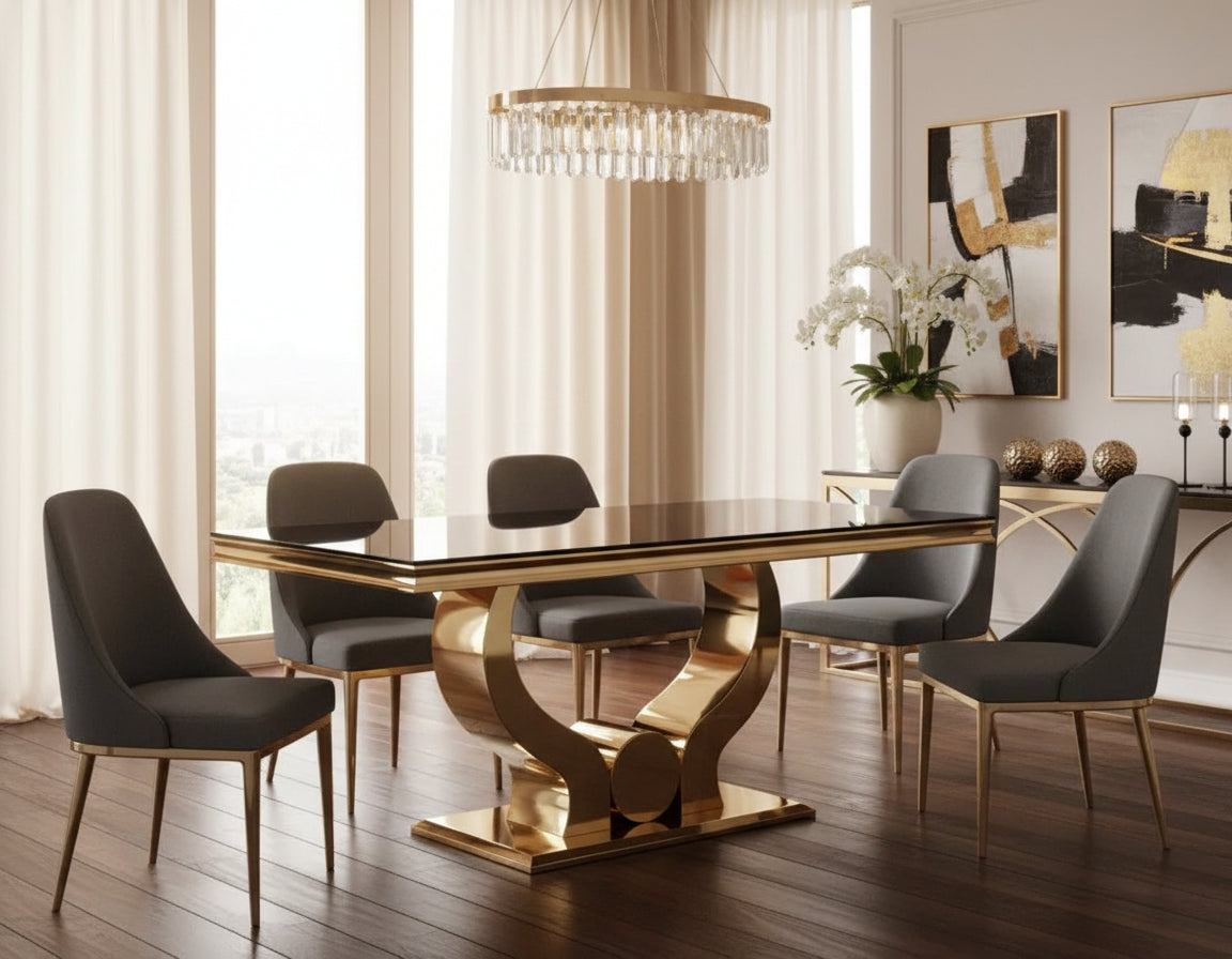 Table à manger verre noir pied métal doré 180x90 cm TROFY