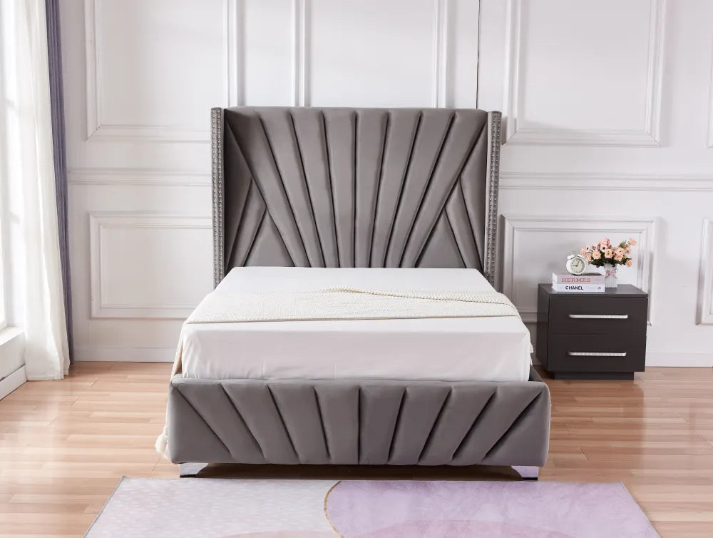 Lit 2 places 140x190 cm velours gris sommier intégré BONIFACIO