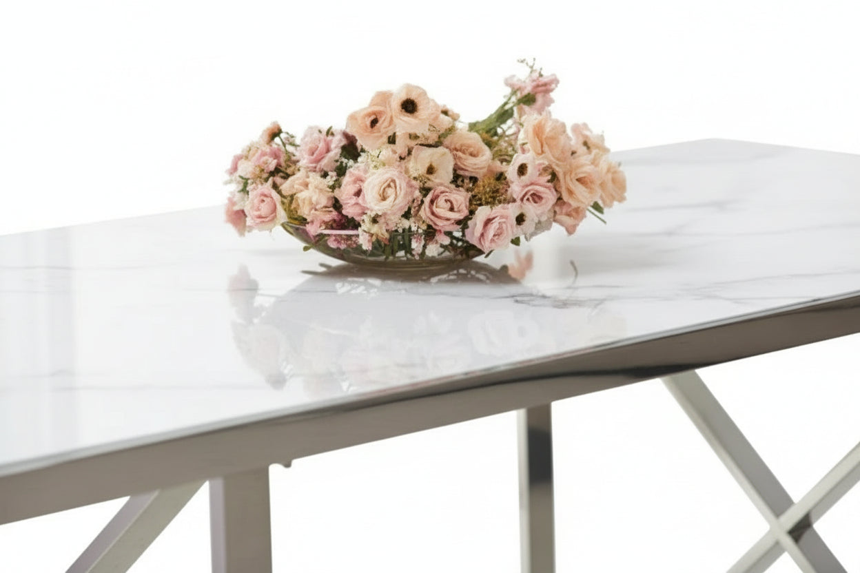Table Repas Verre Trempé Blanc & Pieds Chromés – 180×90 cm – LEVANTO