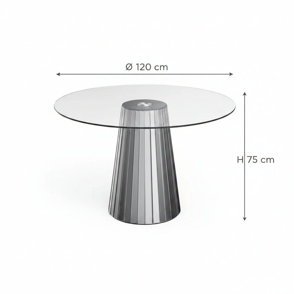Table ronde DISCO miroir gris plateau transparent
