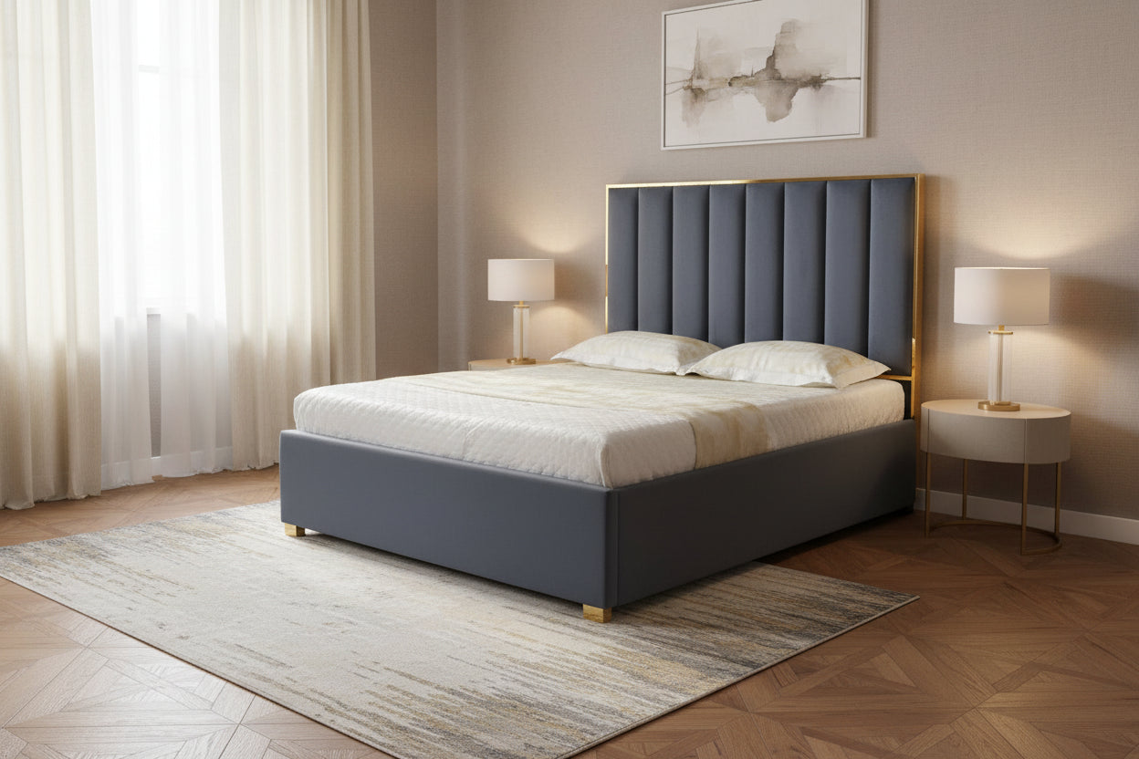 Lit 2 places 140x190 cm velours gris sommier inclus TONY