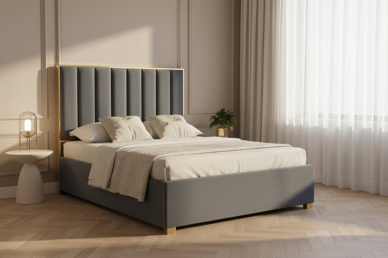 Lit 2 places 140x190 cm velours gris sommier inclus TONY