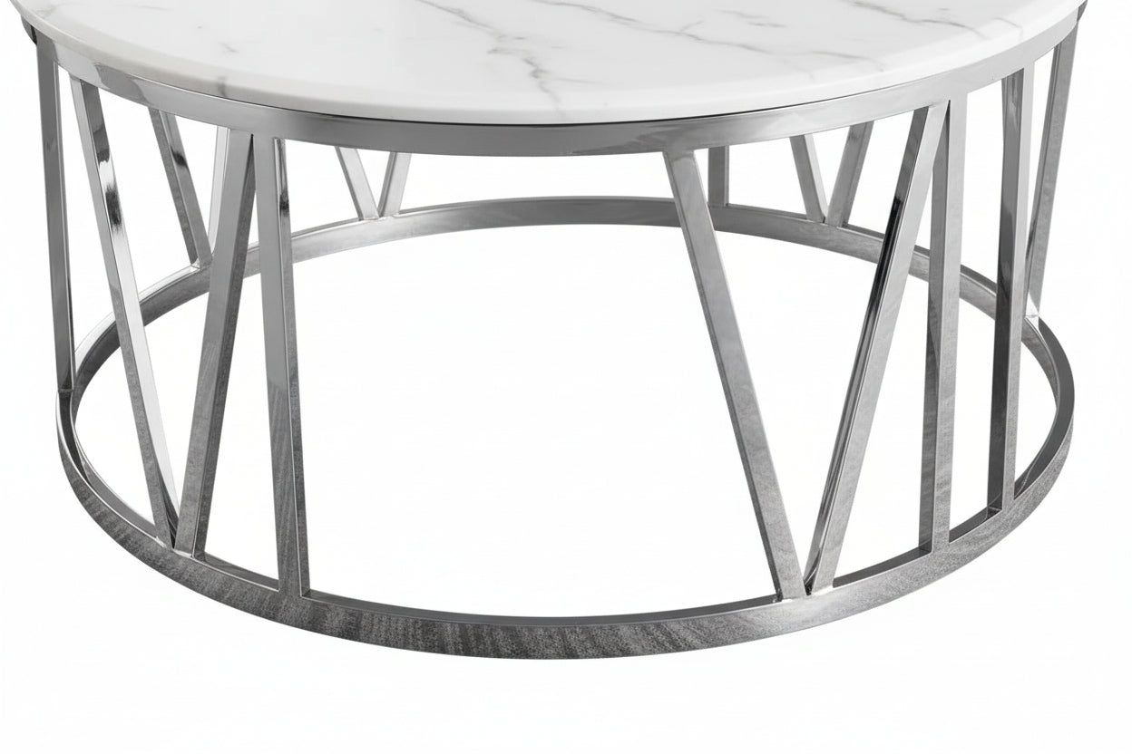 Table Basse ATMOS Ronde Plateau Verre Trempé Marbré Blanc Pieds Chrome D100x45cm