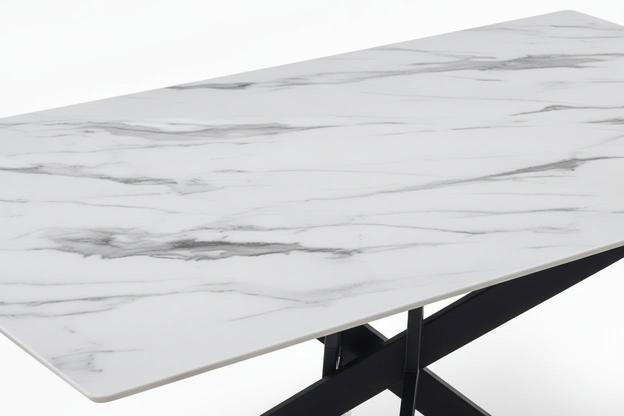 Table à Manger Rectangulaire Verre Marbré Blanc 150 cm JESSICA