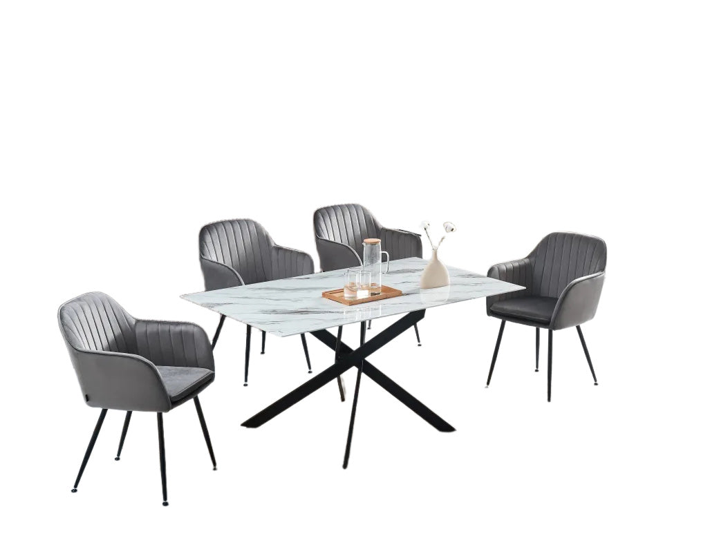 Table Repas JESSICA Métal noir et plateau en verre 150 cm 4 à 6 couverts effet marbré blanc