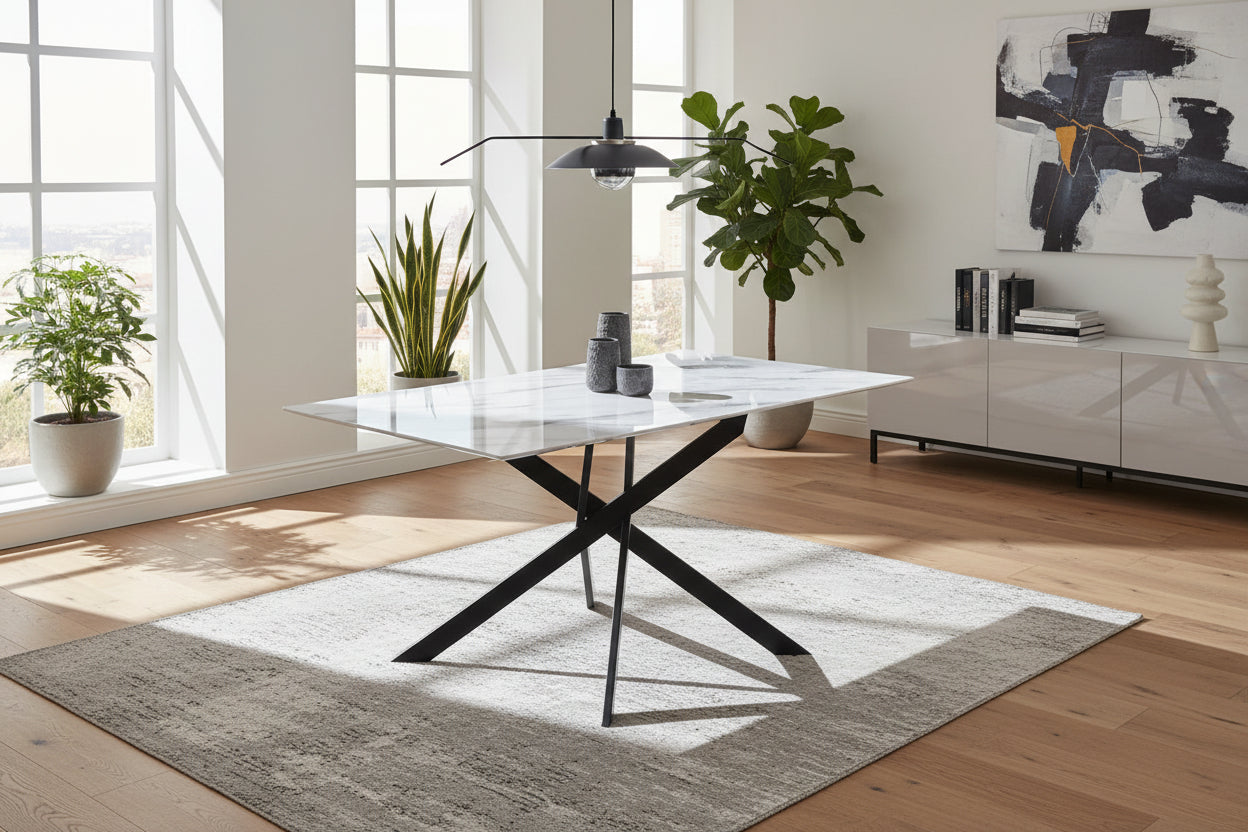 Table à Manger Rectangulaire Verre Marbré Blanc 150 cm JESSICA