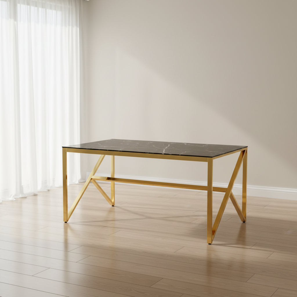 Table à manger MAJESTIQUE Gold Plateau en verre trempé #couleur_marbré-noir