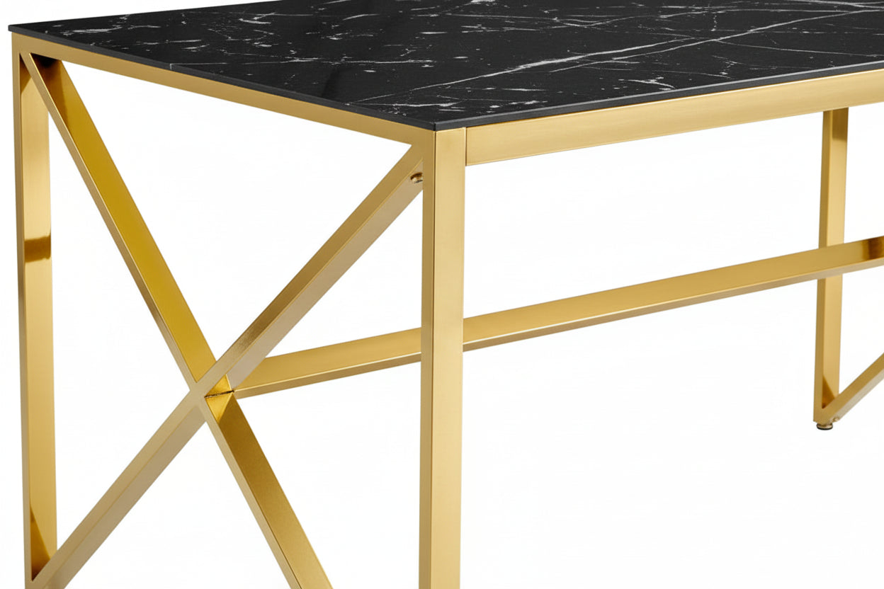 Table à Manger Gold Verre Trempé Marbré Noir – 150×90 cm – MAJESTIQUE