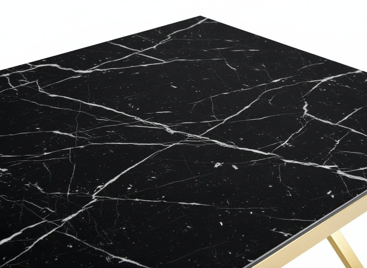 Table à Manger Gold Verre Trempé Marbré Noir – 150×90 cm – MAJESTIQUE
