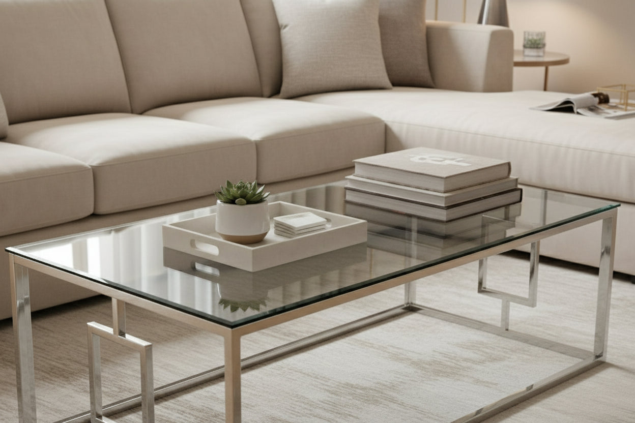 Table basse SOPHIE  pieds Chromé  plateau transparent 120 cm