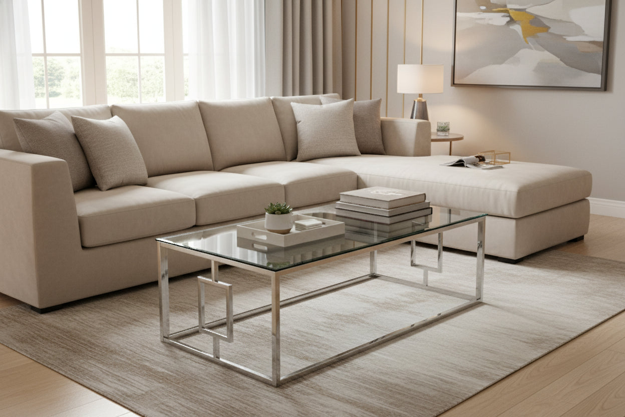 Table basse SOPHIE  pieds Chromé  plateau transparent 120 cm