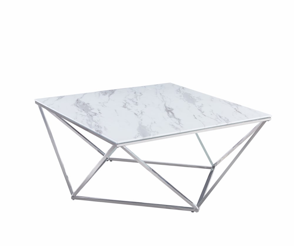 Table Basse ALINA Carrée Plateau Verre Trempé Marbré Blanc Pieds Chrome 80x80x45cm