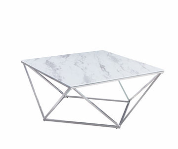Table Basse ALINA Carrée Plateau Verre Trempé Marbré Blanc Pieds Chrome 80x80x45cm