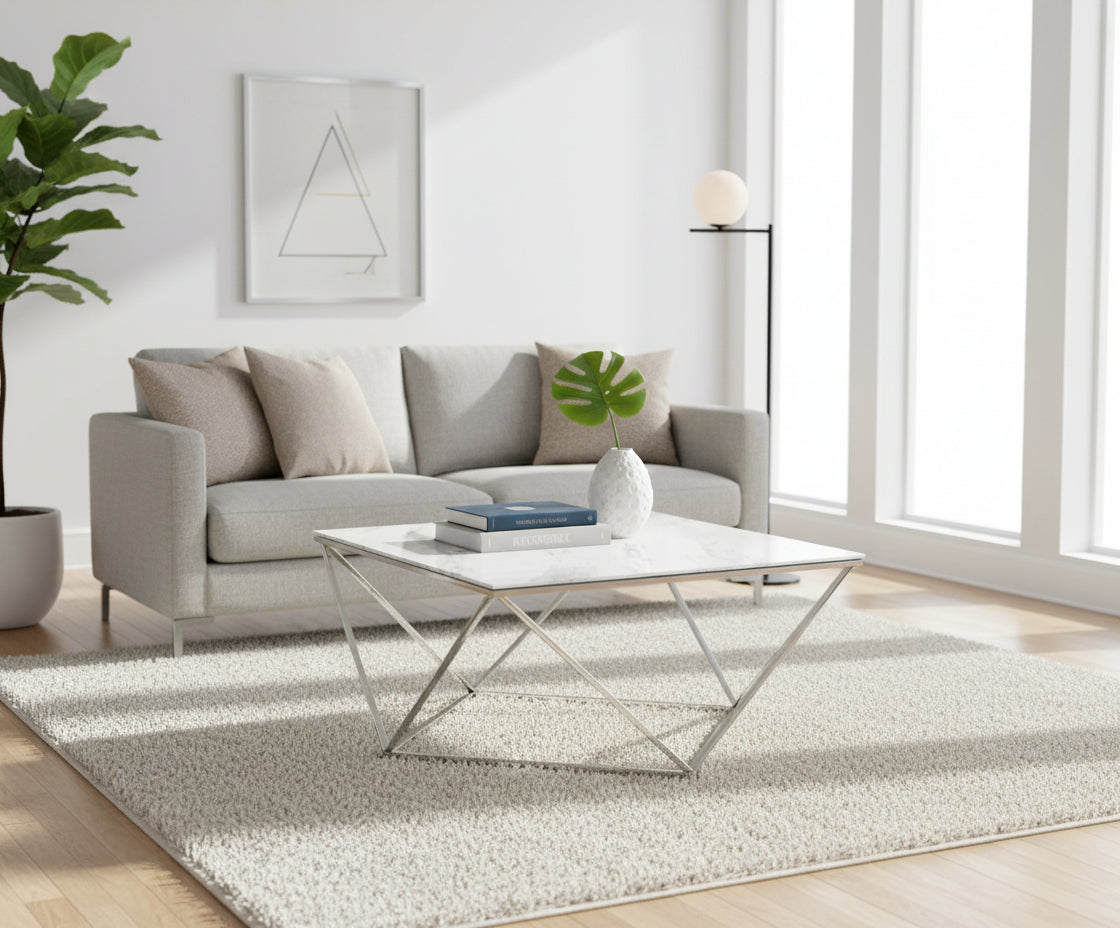 Table Basse ALINA Carrée Plateau Verre Trempé Marbré Blanc Pieds Chrome 80x80x45cm