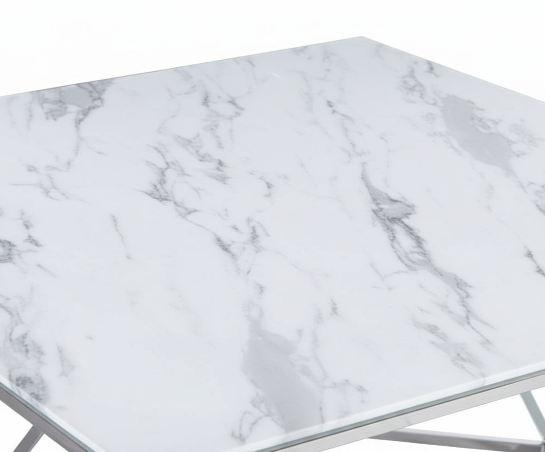 Table Basse ALINA Carrée Plateau Verre Trempé Marbré Blanc Pieds Chrome 80x80x45cm