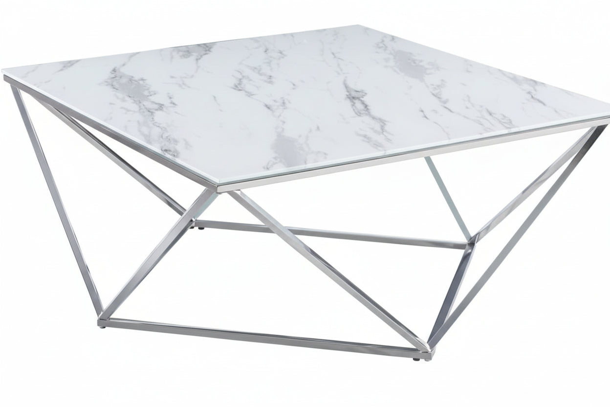 Table Basse ALINA Carrée Plateau Verre Trempé Marbré Blanc Pieds Chrome 80x80x45cm