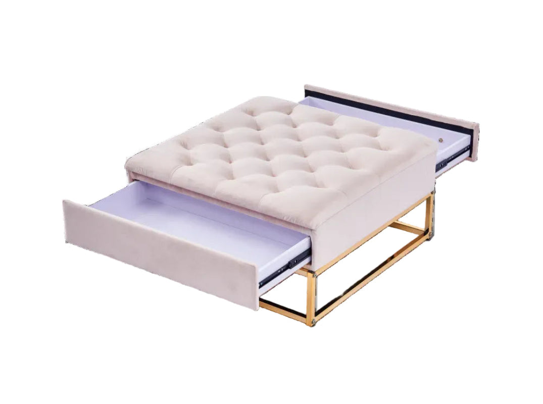 Table basse pouf velours beige 80x80 cm - CAPITONNE