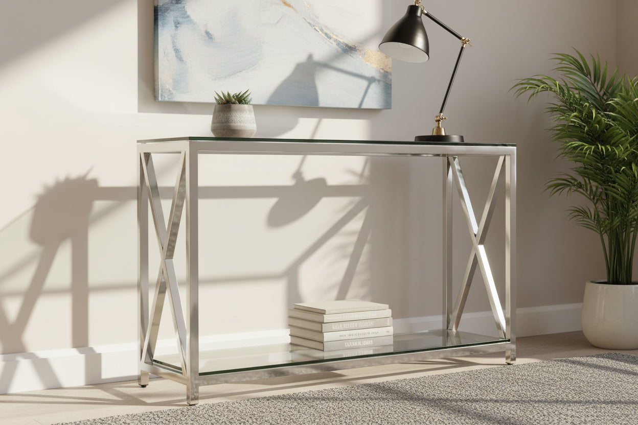 Console chrome verre trempé transparent 120x40x78 cm KENSY