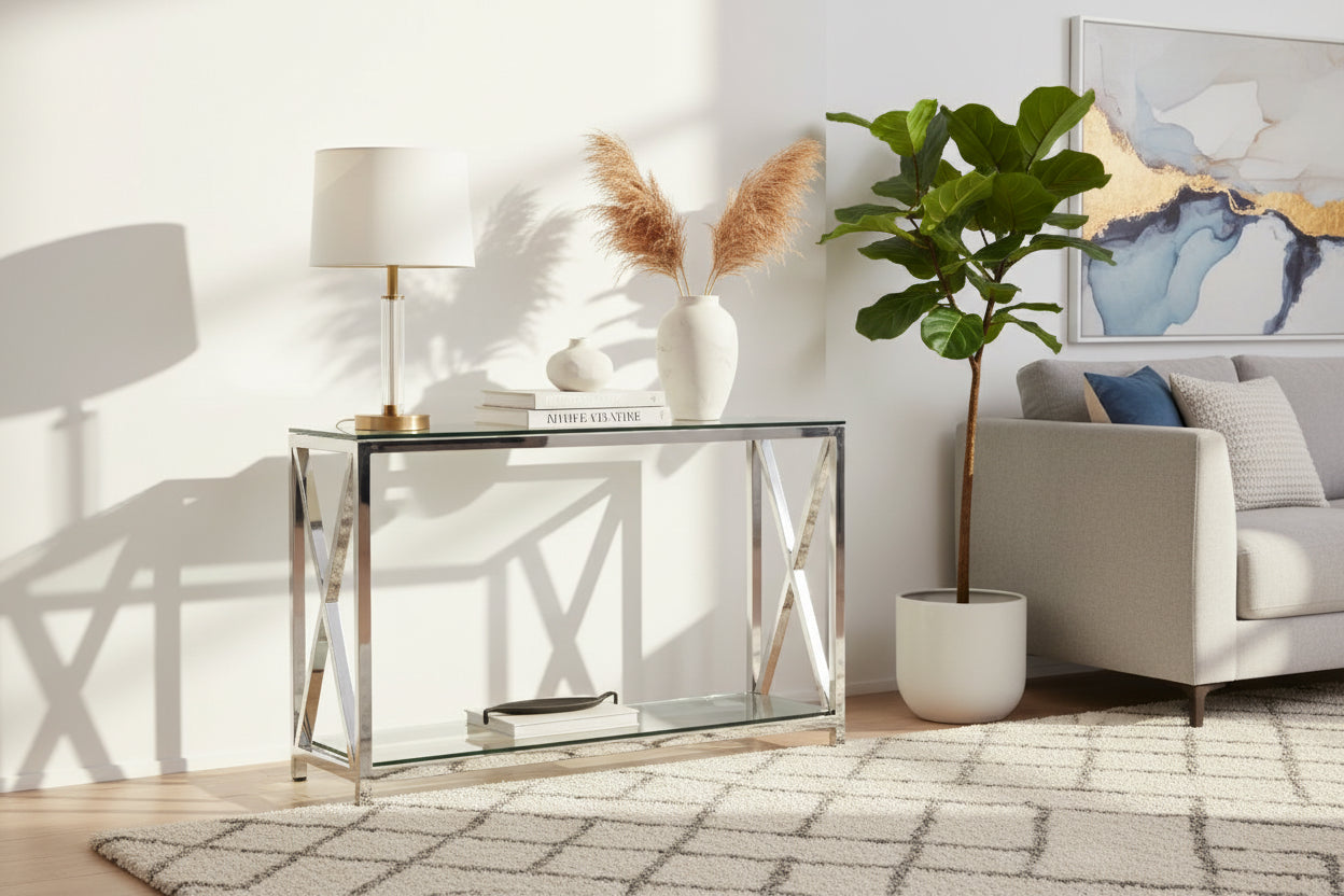 Console chrome verre trempé transparent 120x40x78 cm KENSY