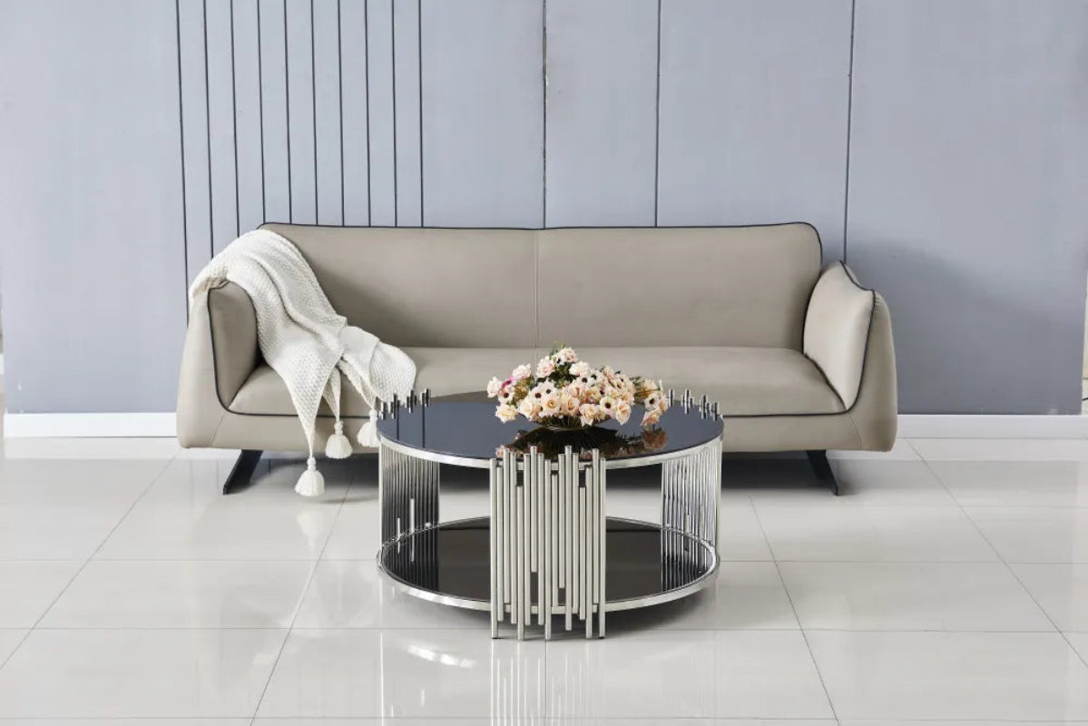 Table Basse ronde STICK Chrome et plateau en verre MARBRE NOIR D90 H45 cm