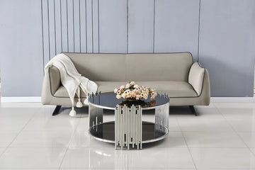 Table Basse ronde STICK Chrome et plateau en verre MARBRE NOIR D90 H45 cm