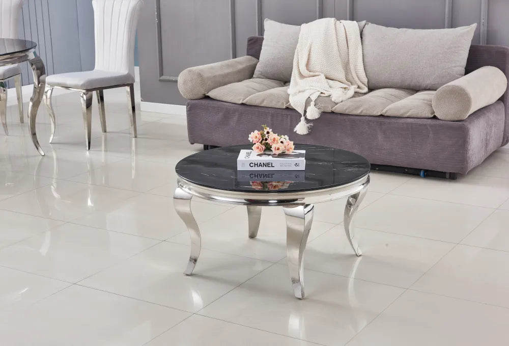 Table Basse BAROQUE Ronde Plateau Verre Trempé Marbré Noir Structure Chrome D80x45cm