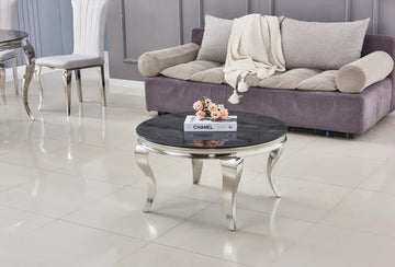 Table Basse BAROQUE Ronde Plateau Verre Trempé Marbré Noir Structure Chrome D80x45cm