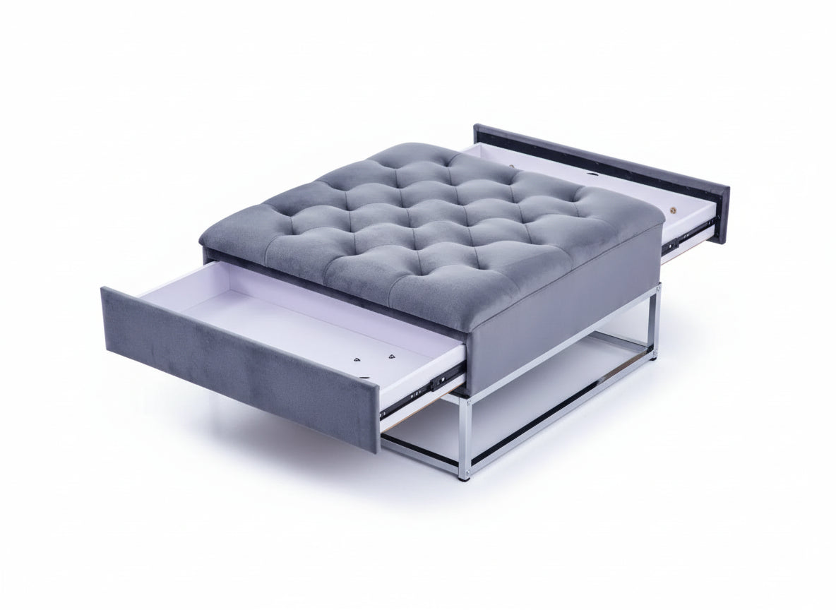 Pouf Coffre TIROIRS Carré Plateau Velours Capitonné Gris 80x80x43cm 2 Tiroirs