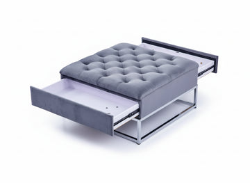 Pouf Coffre TIROIRS Carré Plateau Velours Capitonné Gris 80x80x43cm 2 Tiroirs