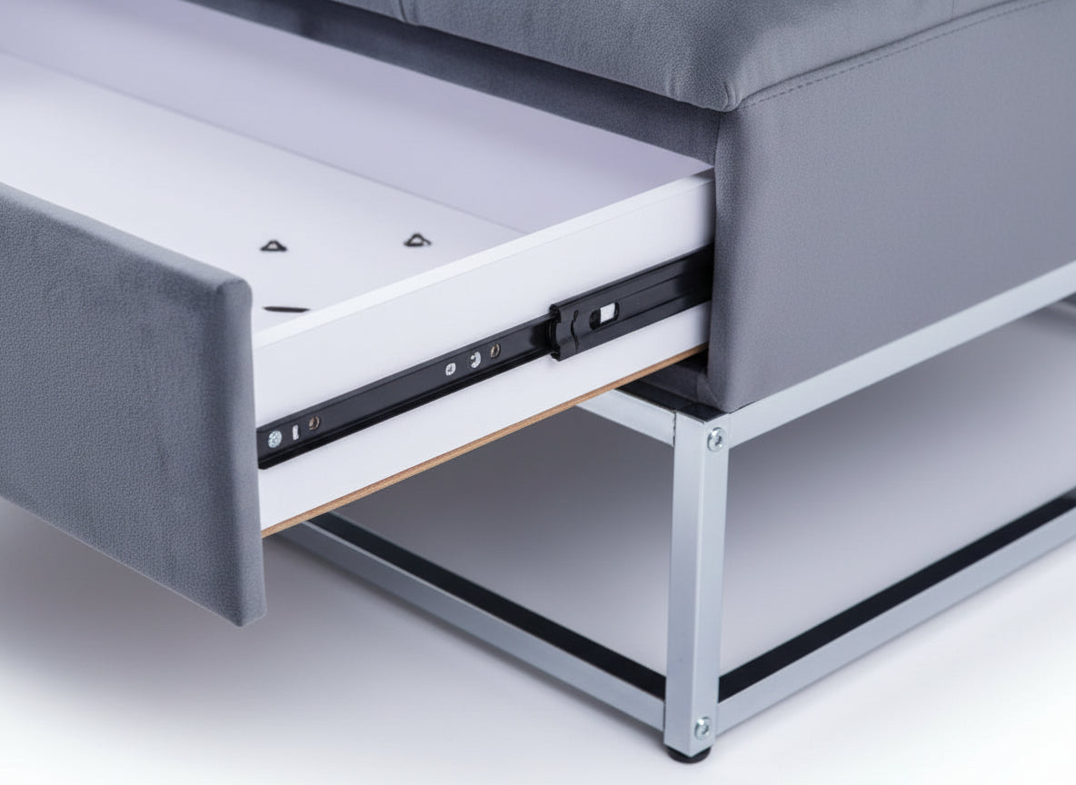 Pouf Coffre TIROIRS Carré Plateau Velours Capitonné Gris 80x80x43cm 2 Tiroirs