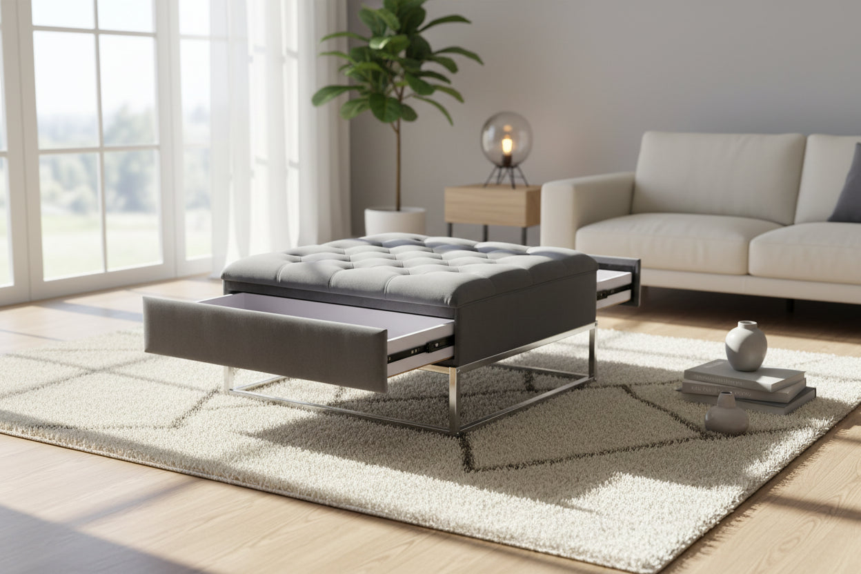 Pouf Coffre TIROIRS Carré Plateau Velours Capitonné Gris 80x80x43cm 2 Tiroirs