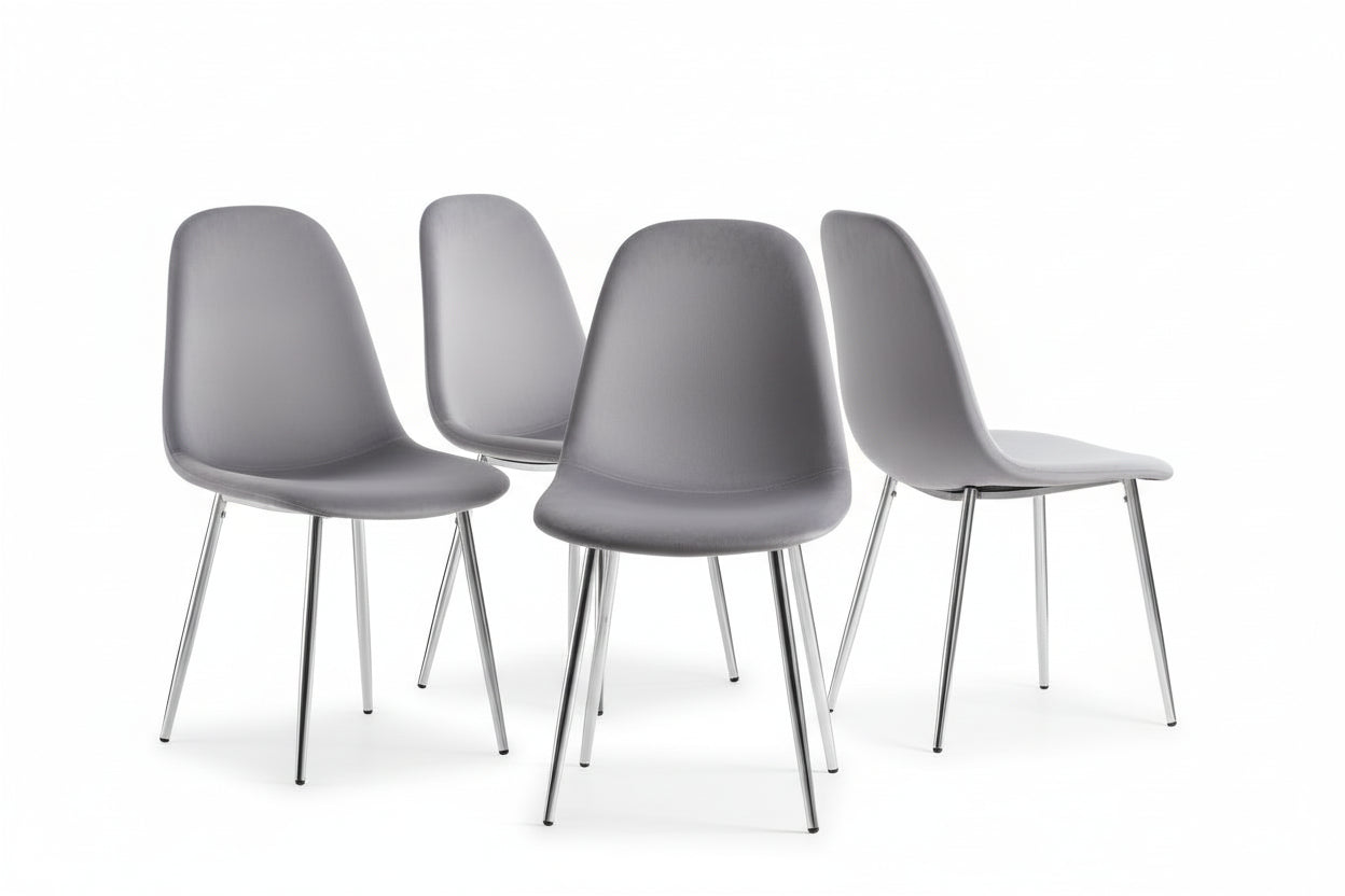 Lot de 4 Chaises Scandinaves Velours Gris Pieds Chrome 43,5x40x87cm