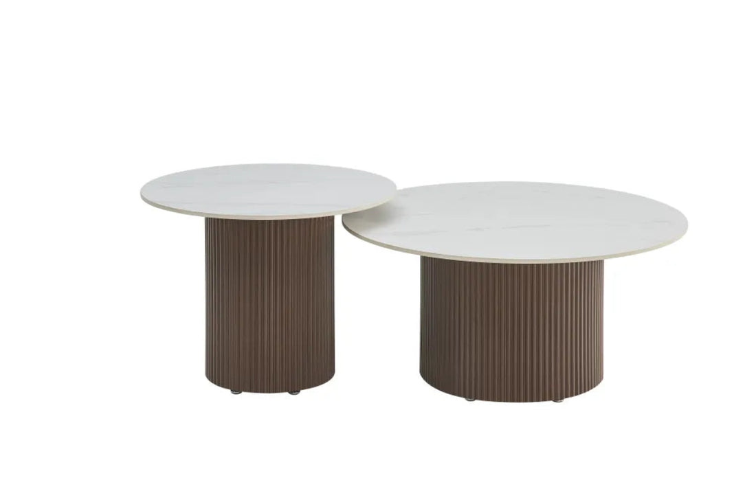 Duo Tables Gigognes Rondes Céramique Marbre Blanc & Pied Noyer Ø80 cm – BAIETA