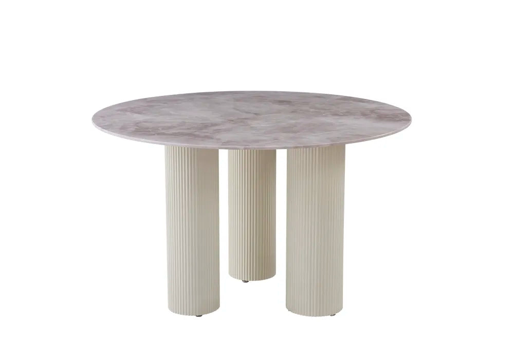 Table repas ANAIS pieds beige plateau céramique 120 cm #couleur_marbré-gris