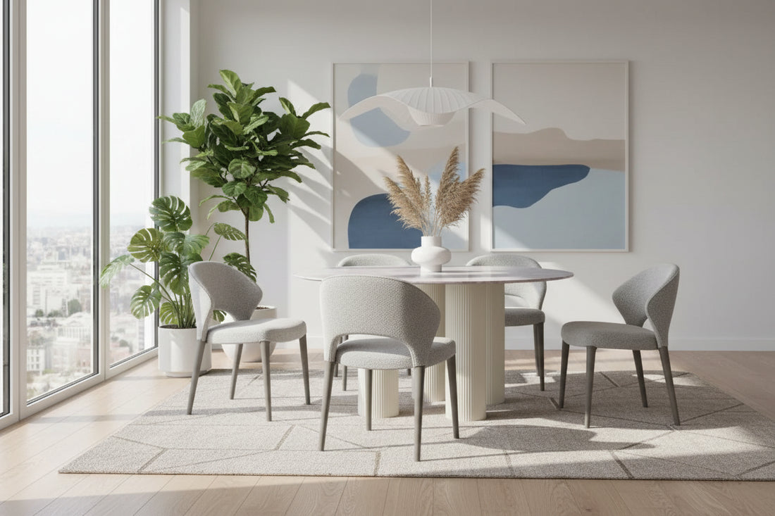 Table repas ANAIS pieds beige plateau céramique 120 cm #couleur_marbré-gris