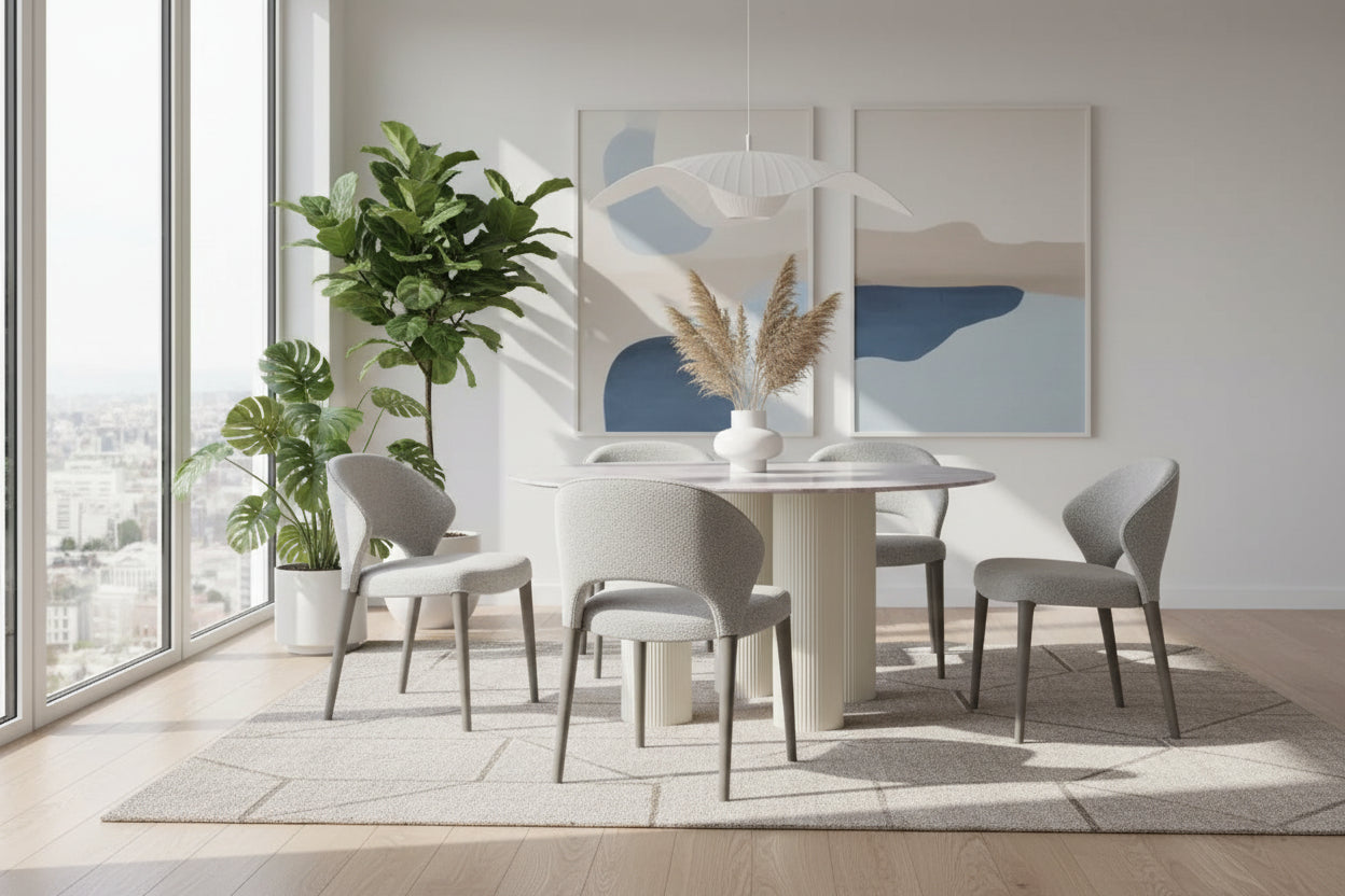 Table repas ANAIS pieds beige plateau céramique 120 cm #couleur_marbré-gris