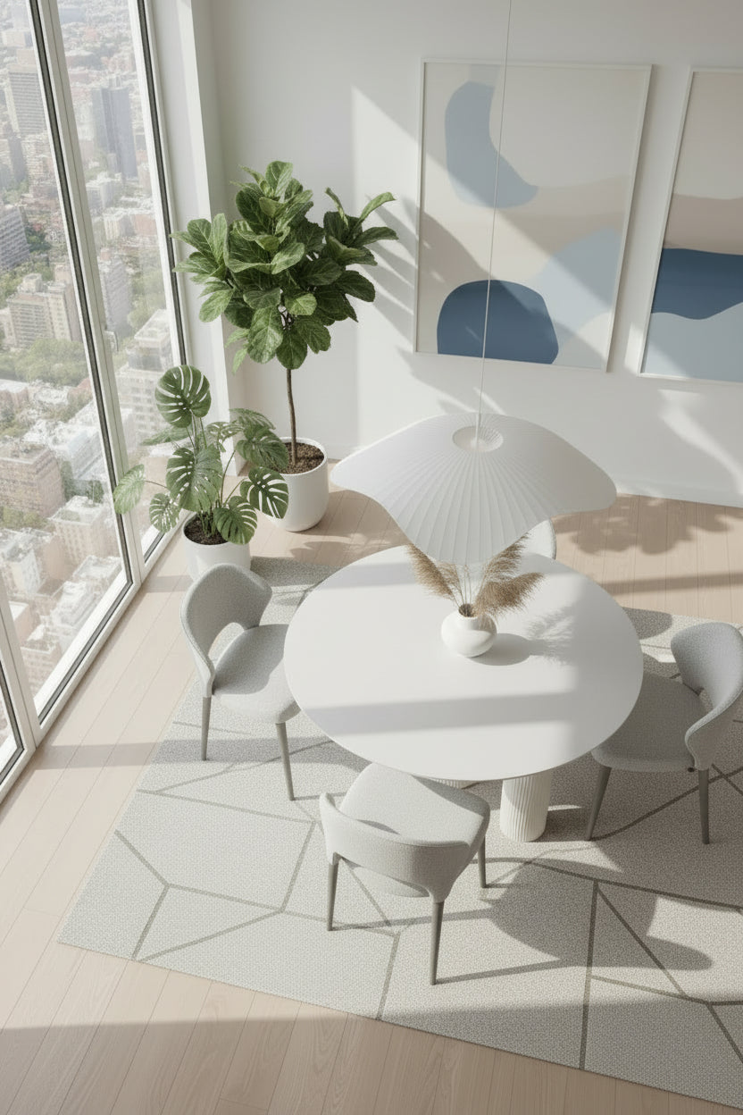 Table repas ANAIS pieds beige plateau céramique 120 cm #couleur_marbré-gris