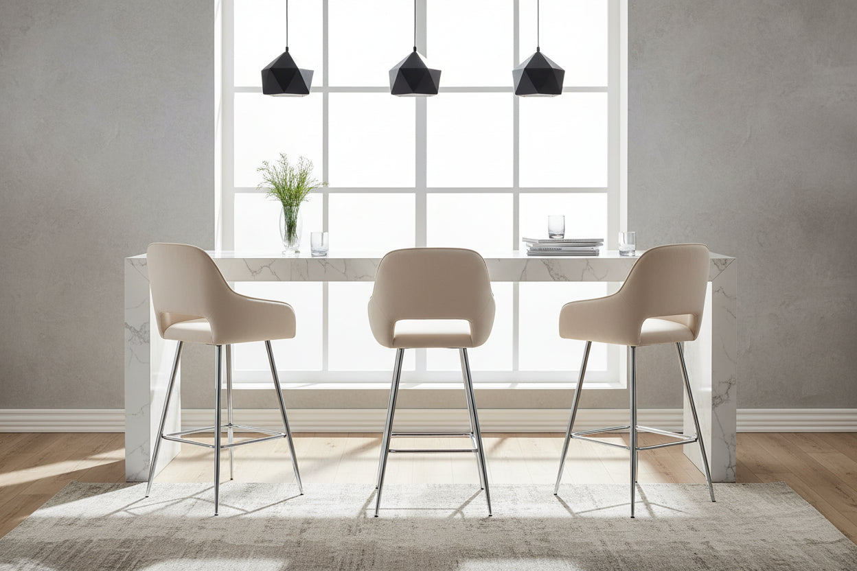 Lot 2 Tabourets de Bar Velours Beige Chrome 47x41x104 cm ATHENA